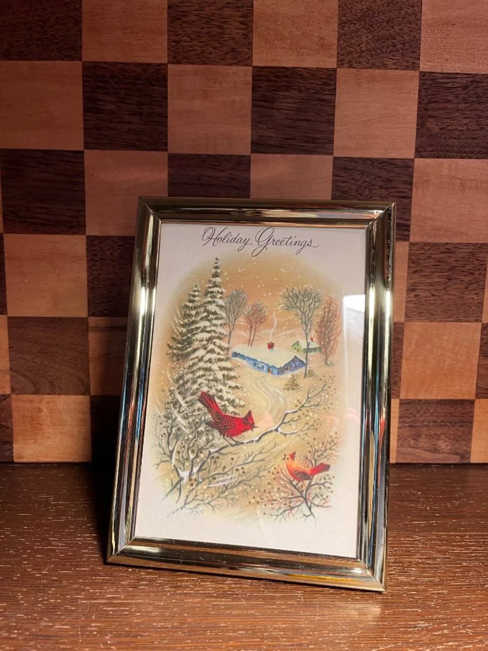 Brass Toned Frame with Vintage Winter Holiday Cardinal Landscape Scene Card A824